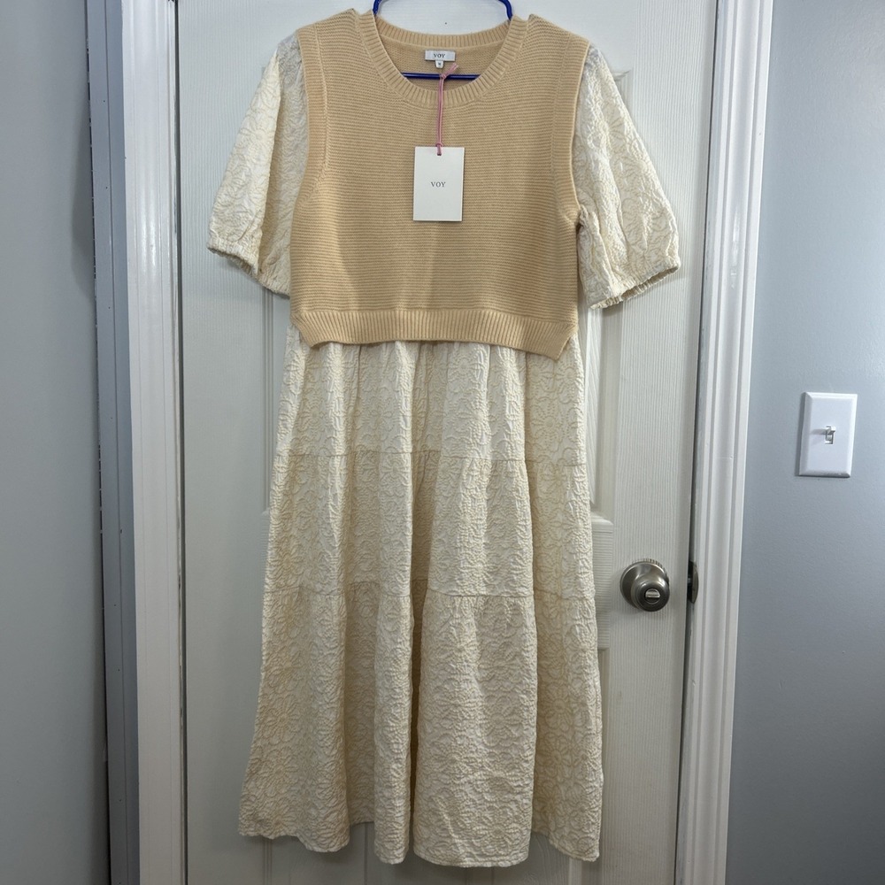 Voy Mixed Media Tiered Maxi Dress & Cropped Beige Sweater Vest NWT Size Medium